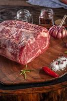 Raw entrecote beef on a wood cutting board with spices. photo