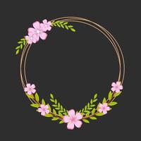 Flower frame made of hand drawn cherry blossoms with contour lines on black background. Collection of natural circular wreaths for wedding or engagement invitations. Vector illustration