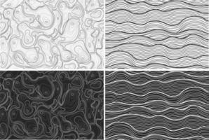 Collection of Topographic Map and Linear Sea patterns - seamless. Fashion 80-90s. Black and white mosaic textures. vector