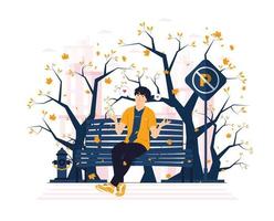 Man catching a falling leaf while sitting on park chair on autumn day concept illustration vector