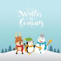 Winter is coming card with reindeer, penguin, and snowman vector illustration