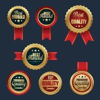 Golden quality label badges with red ribbon vector