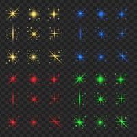 realistic illustration shiny stars, sparkle stars, glitter stars in blue, yellow, red, and green color vector