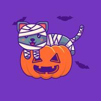 lindo gato momia en calabaza feliz halloween con ilustraciones de dibujos animados vector