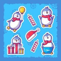 Cute christmas penguin stickers pack illustration vector