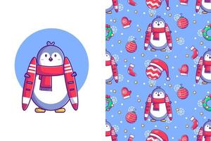 Funny christmas seamless pattern with penguin skiing in winter vector