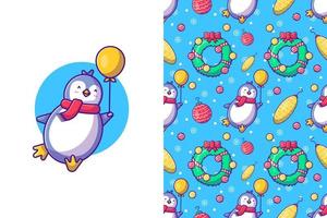 Merry christmas with happy  penguin and balloon seamless pattern vector