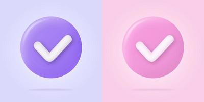 Check mark icon in trendy 3d style on blue button. White checkmark symbol. Vector illustration isolated on purple and pink background