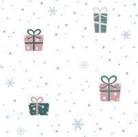 Christmas seamless pattern with gifts and snowflakes on white background.