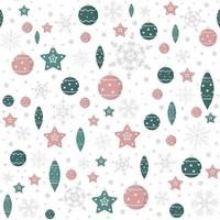 Christmas seamless vector pattern with ornaments and snowflakes on white background.