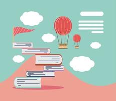 books with flag on top and air balloon imagination vector