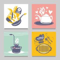 set of frying pan pot bbq grill kettle sketch style vector