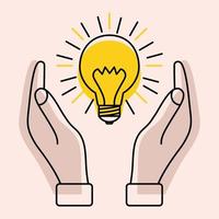 Light bulb with rays between two hands. Concept of ideas, inspiration, effective thinking. Environmental protection concept. Creative problem solving. Yellow lamp in the hand vector