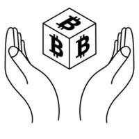 Hands with bitcoin coin in isometric style. Crypto currency save concept. Cryptocurrency logo. Digital fashion marketing template. Hand with digital money vector