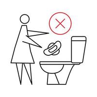 Do not flush sanitary towels in the toilet. Do not throw items down the lavatory. Woman flushing sanitary pad, prohibition sign. Stop pollution in the toilet. Editable stroke vector