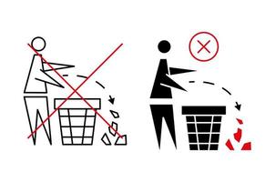 mantener la limpieza. icono prohibido. poner la basura en su lugar. hombre ordenado, no tirar basura, icono. por favor no tires basura. no arroje basura, coloque la basura en los contenedores provistos vector