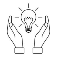 Light bulb with rays between two hands. Concept of ideas, inspiration, effective thinking. Environmental protection concept. Creative problem solving. Editable stroke vector