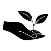 Growing leaves in the hand. Giving hand with young plant in soil. Can be used for natural farm product, organic food, vegan products. Earth day concept. Environmental protection concept vector