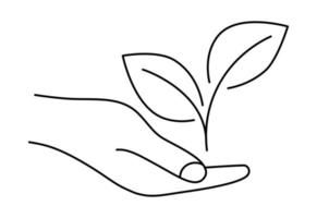 Growing leaves in the hand. Giving hand with young plant in soil. Can be used for natural farm product, organic food, vegan products. Earth day concept. Environmental protection concept vector