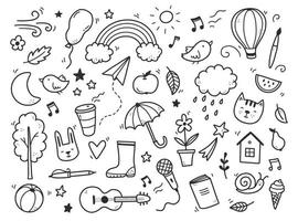 Cute doodle with cloud, rainbow, sun, animal vector