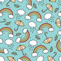 Cute seamless doodle pattern with cloud, rainbow vector