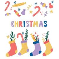 Christmas decoration sock with candy and sweet vector