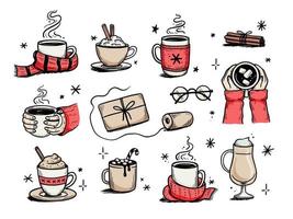 Christmas hot drink set of winter coffee vector