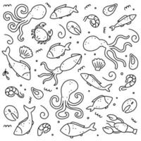 Hand drawn set of seafood elements. Doodle style vector illustration.