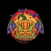 Halloween cartoon pumpkin bat monster vintage logo vector icon hand drawn illustration