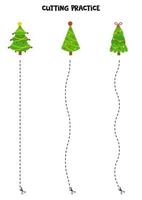 Cutting practice for children with cute cartoon Christmas trees. vector