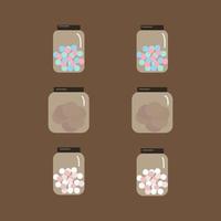 Set of glass jars with candies and cookies. Vector objects in flat style