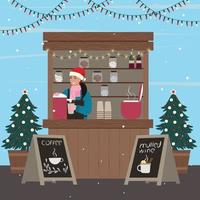 puestos de navidad. mujer vendiendo café y vino caliente en la ilustración kiosk.vector. vector