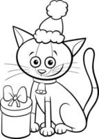 cartoon cat with bell and gift on Christmas coloring book page vector