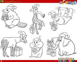 set of cartoon animals with Christmas gifts coloring book page vector