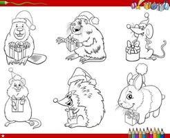 set of comic animals with Christmas gifts coloring book page vector