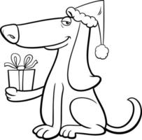 cartoon dog with gift on Christmas time coloring book page vector