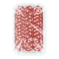 Sliced sausage in a plastic tray. Salami in vacuum packaging. Vector illustration.