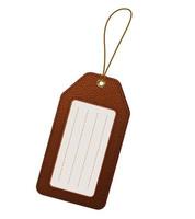 Brown leather luggage tag label with strap. Travel identification card. Vector illustration isolated on white background