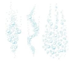 Underwater bubbles of fizzing soda. Streams of air. Dissolving tablets. Realistic oxygen pop in effervescent drink. Blue vector sparkles on white background.
