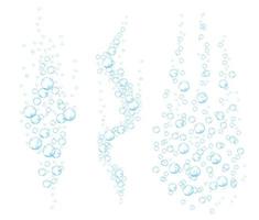 Underwater bubbles of fizzing soda. Streams of air. Dissolving tablets. Realistic oxygen pop in effervescent drink. Blue vector sparkles on white background.