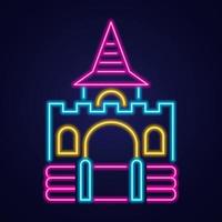 Bouncy castle neon icon. Jumping house on kids playground. Vector illustration.
