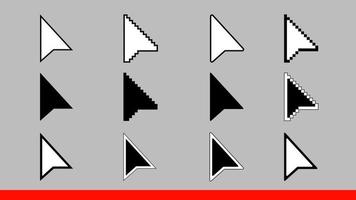 12 black and white arrow pixel and no pixel mouse cursors icons signs vector illustration set flat style design isolated on gray background.