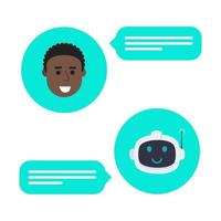 Robot chatbot head icon sign in the speech bubble talking with boy. vector