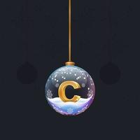 Christmas toy glass ball with a golden 3D letter C inside. New year tree decoration. Element for design banner, flyer or any advertising vector