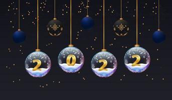 2022 New year poster. Dark background. Xmas banners with glass balls with numbers and snow.  Flyer design template vector