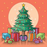 lindo árbol de navidad presente y caja de regalo vector