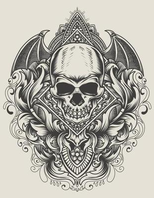 illustration demon skull head with antique engraving ornament