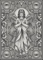 ilustración, ángel, rezando, con, vendimia, grabado, estilo vector