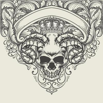 illustration demon skull head with antique engraving ornament