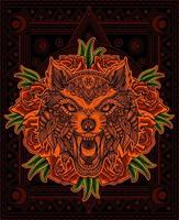 Ilustración de mandala de cabeza de lobo con flor rosa vector